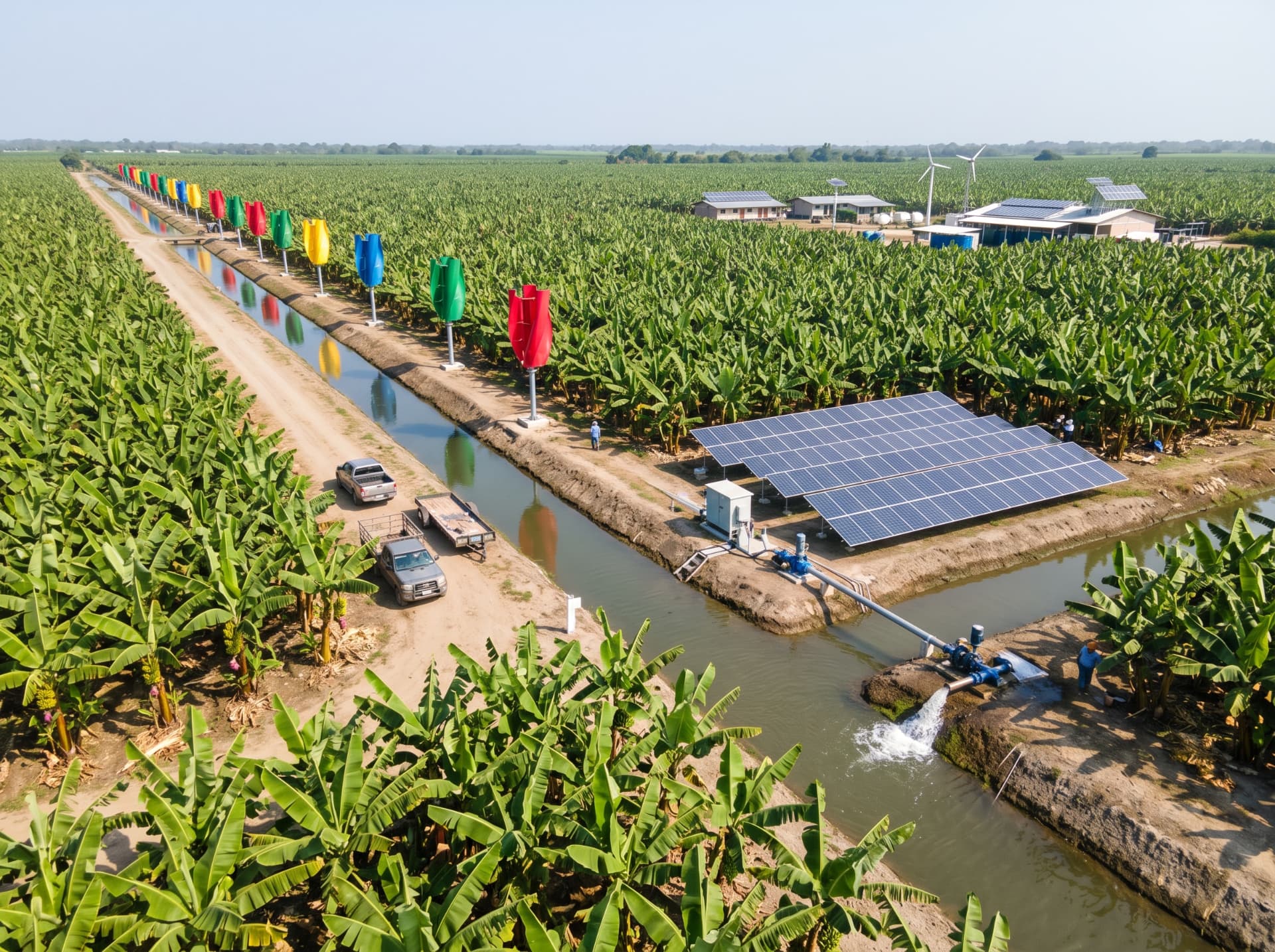 Plantación bananera con bombeo solar y aerogeneradores para riego