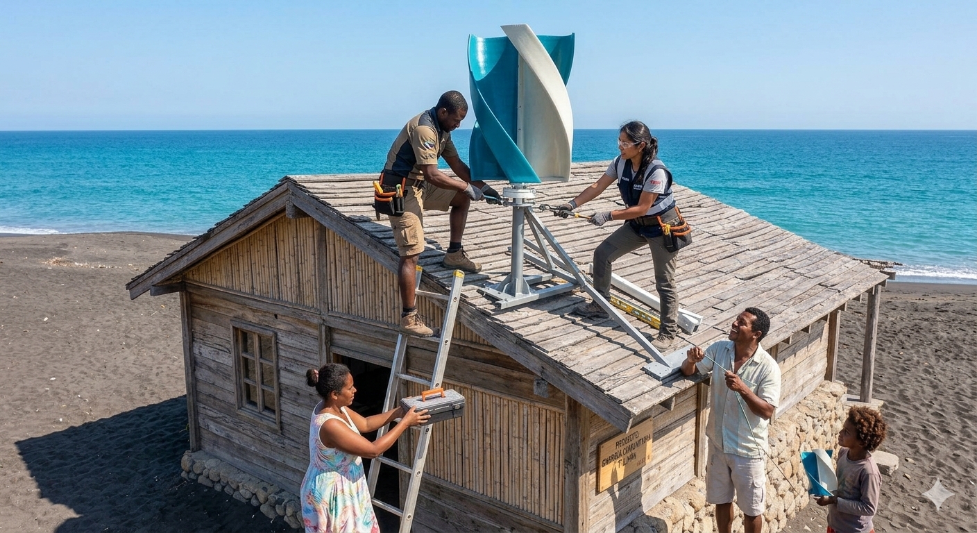 Equipo instalando un aerogenerador en una vivienda costera de Ecuador