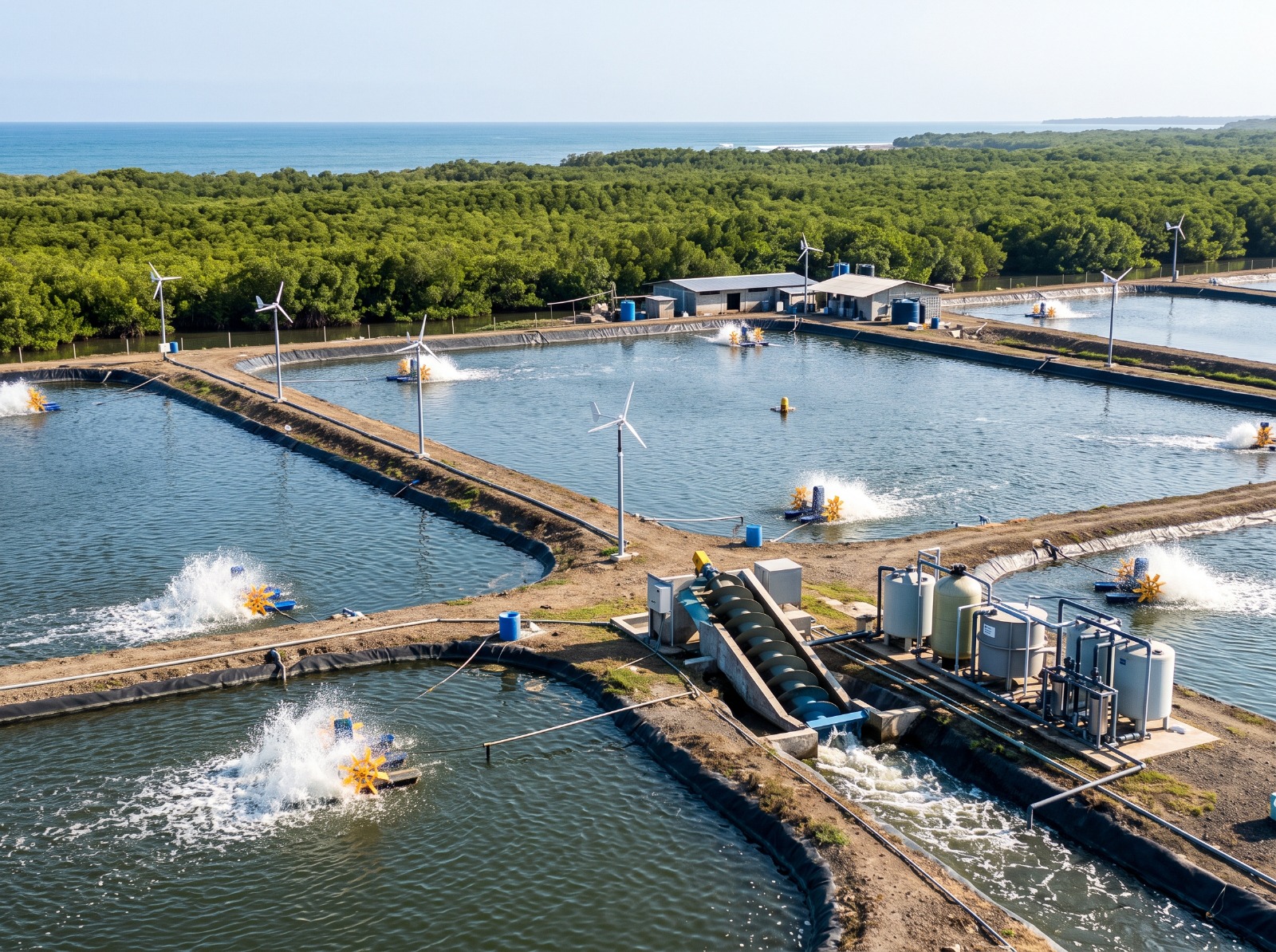 Camaroneras del litoral ecuatoriano con sistemas de aireación y energía renovable