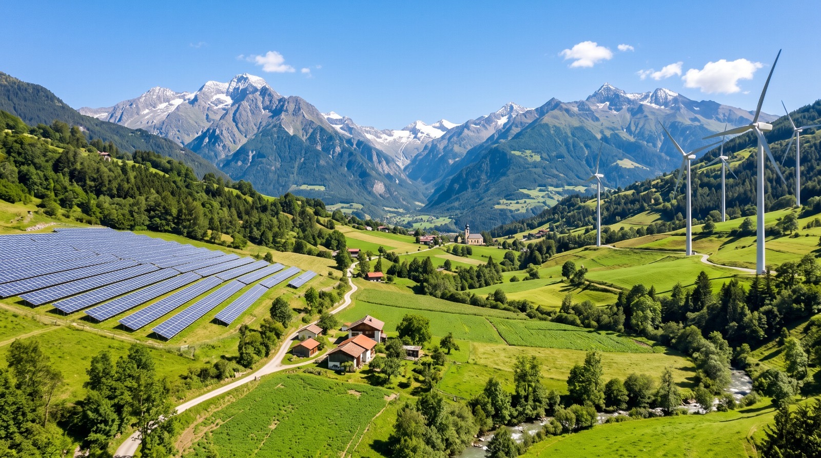 Valle andino con parques solares y aerogeneradores