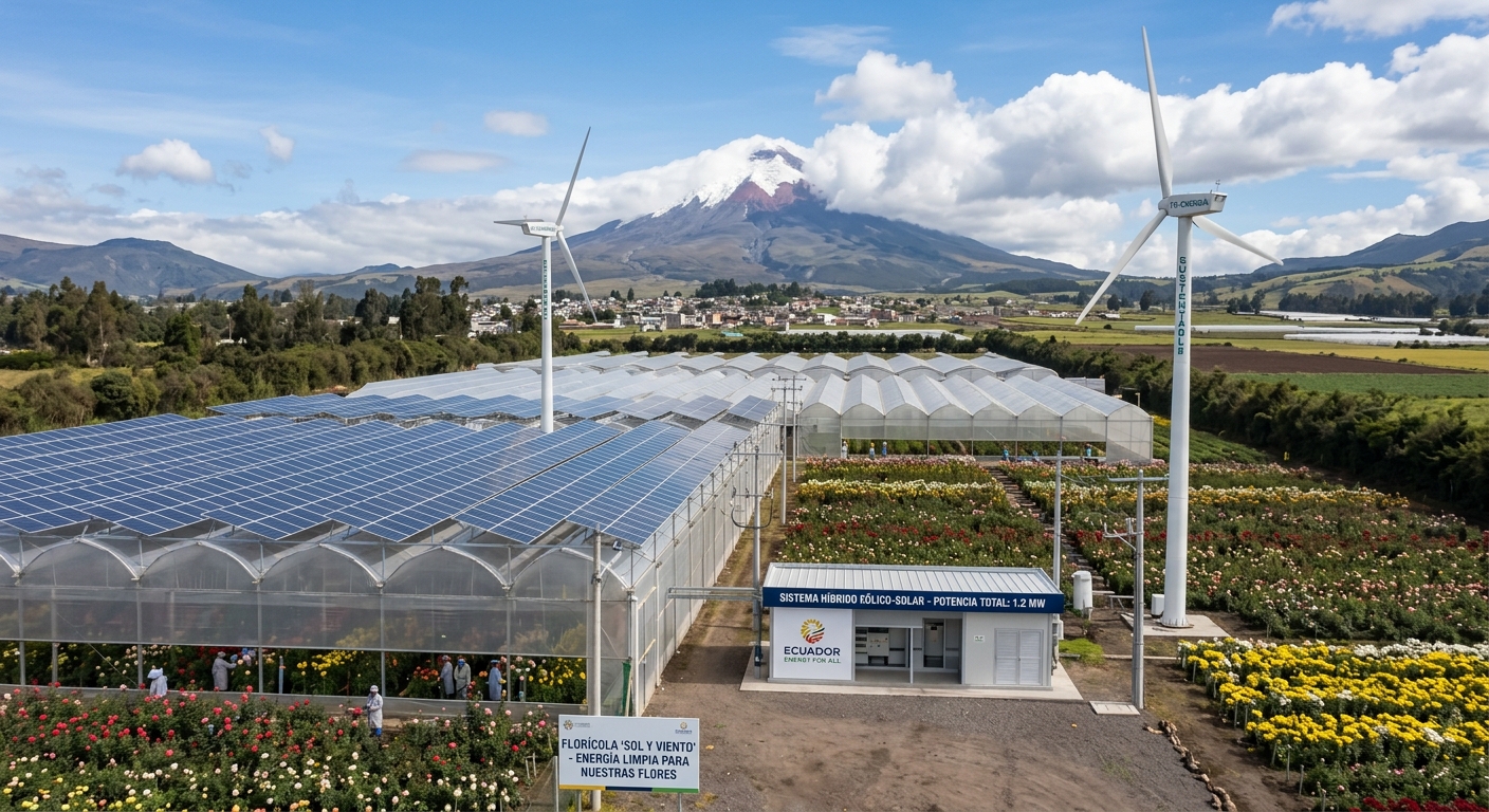 Florícola andina con invernaderos, paneles solares y aerogeneradores frente al Cotopaxi