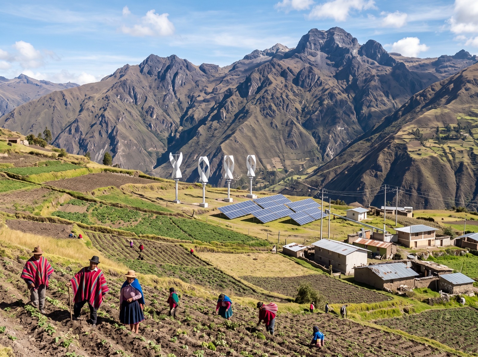 Comunidad andina con paneles solares y paisaje rural