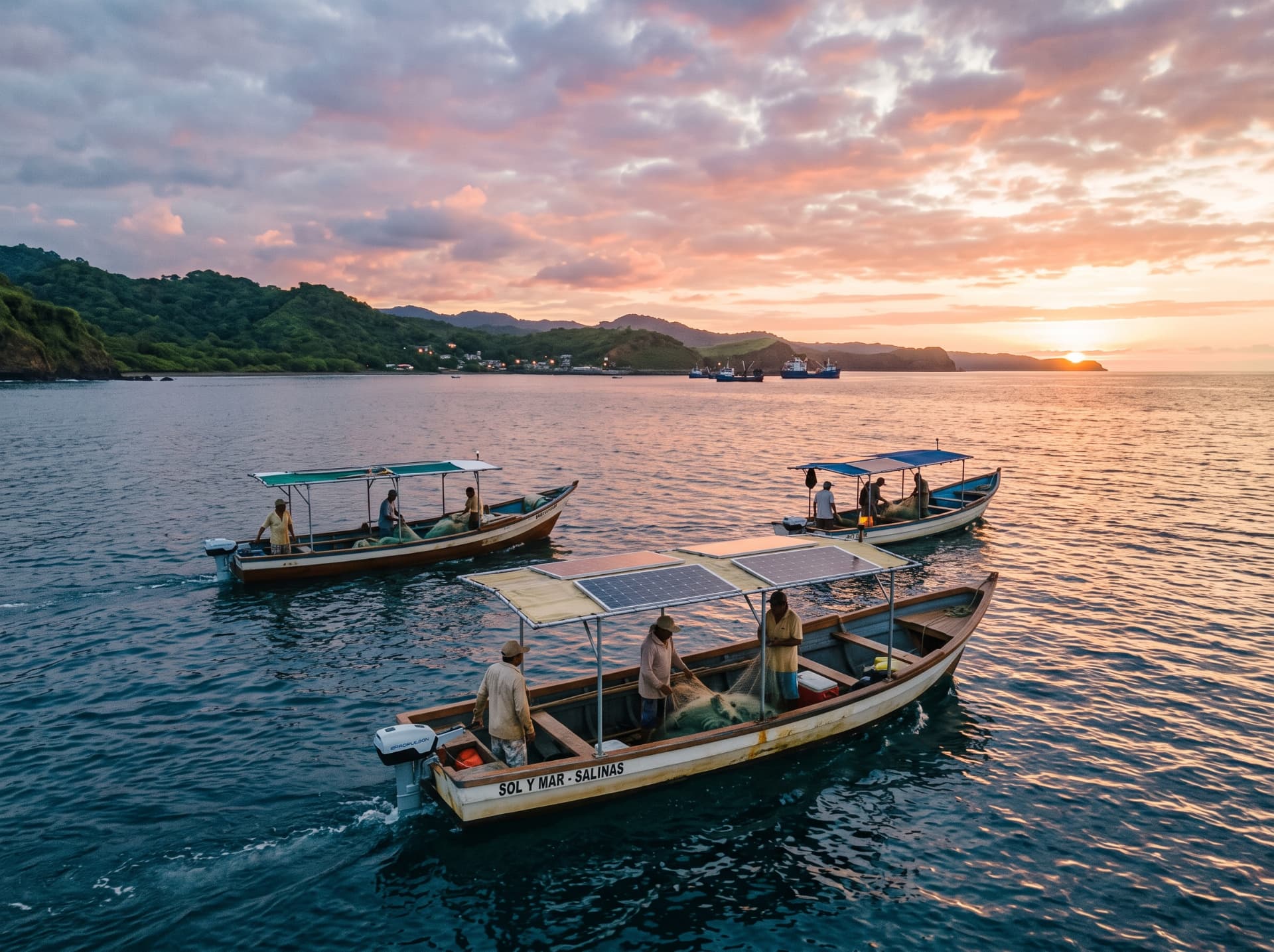Embarcaciones de pesca artesanal equipadas con toldos solares al atardecer