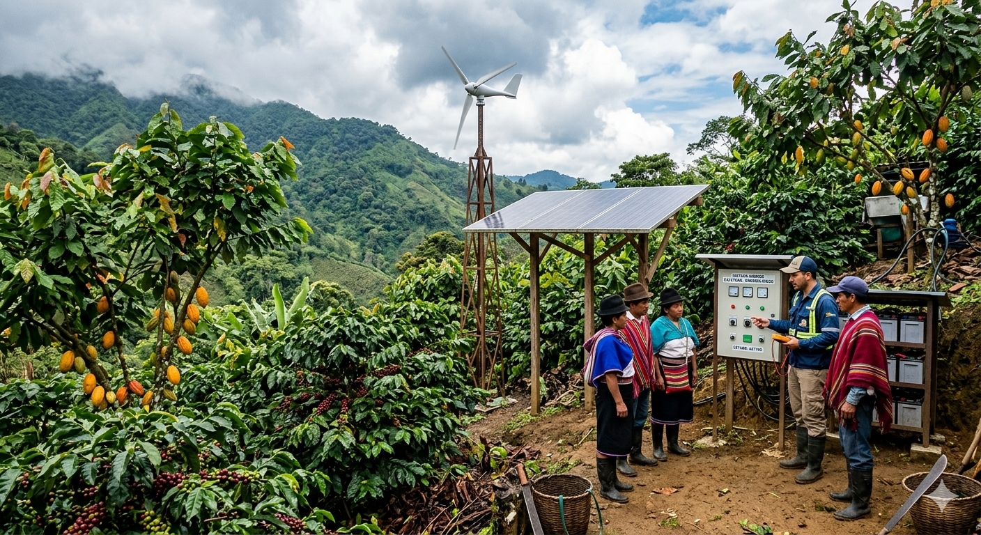 Técnico capacitando a una comunidad en un sistema híbrido solar-eólico en una finca de cacao