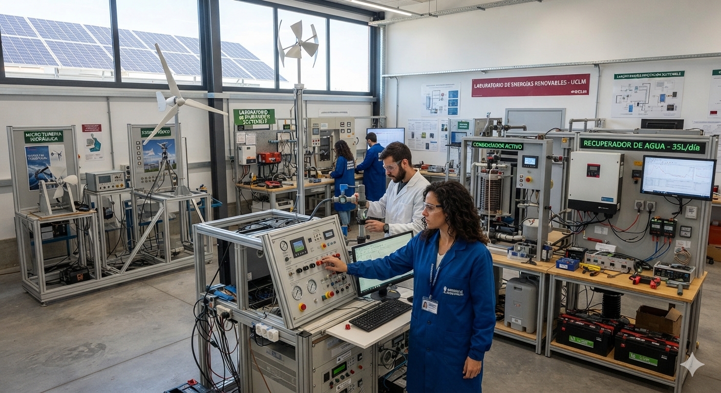 Investigadores operando equipos de energía solar y eólica en el laboratorio