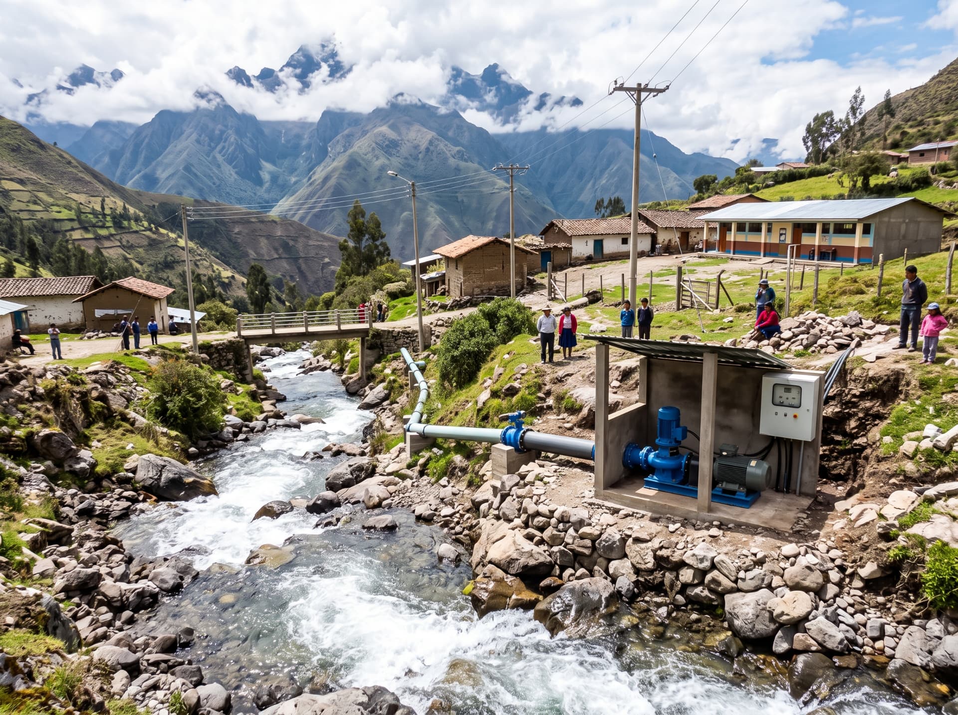 Microcentral hidroeléctrica junto a una comunidad rural andina
