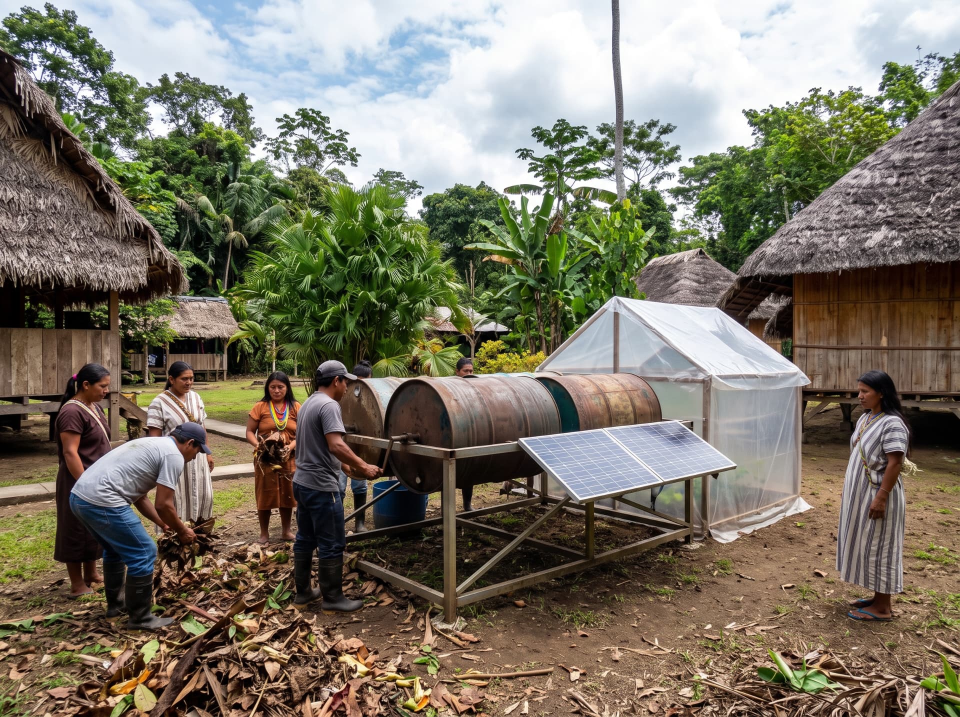 Comunidad amazónica trabajando con un biodigestor alimentado por energía solar