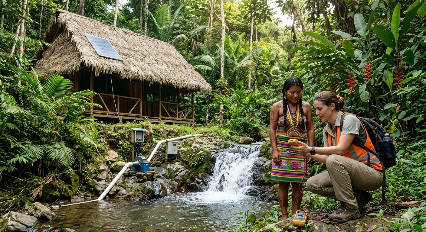 Técnica y habitante de la Amazonía revisando una microcentral hidroeléctrica comunitaria