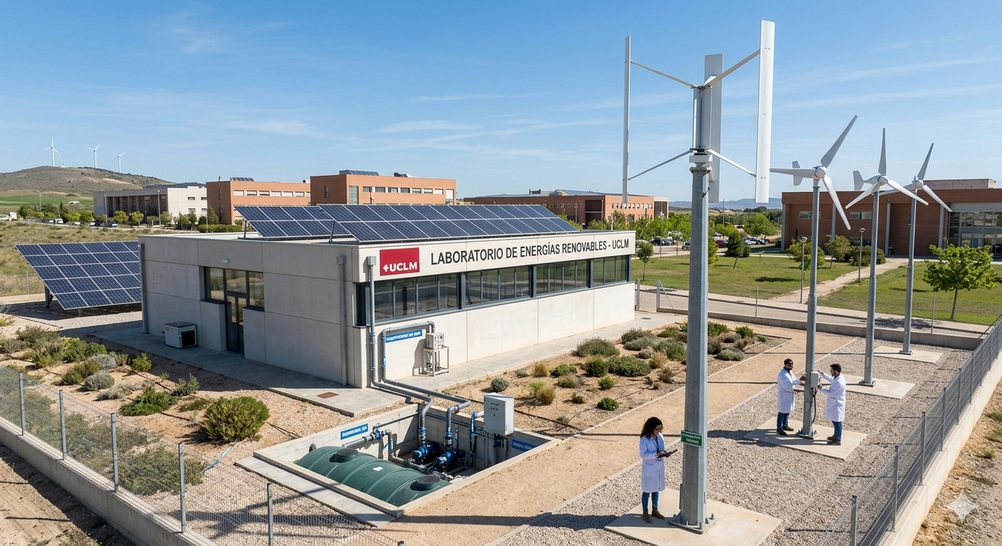 Instalación piloto de energía renovable con aerogeneradores y paneles solares en funcionamiento