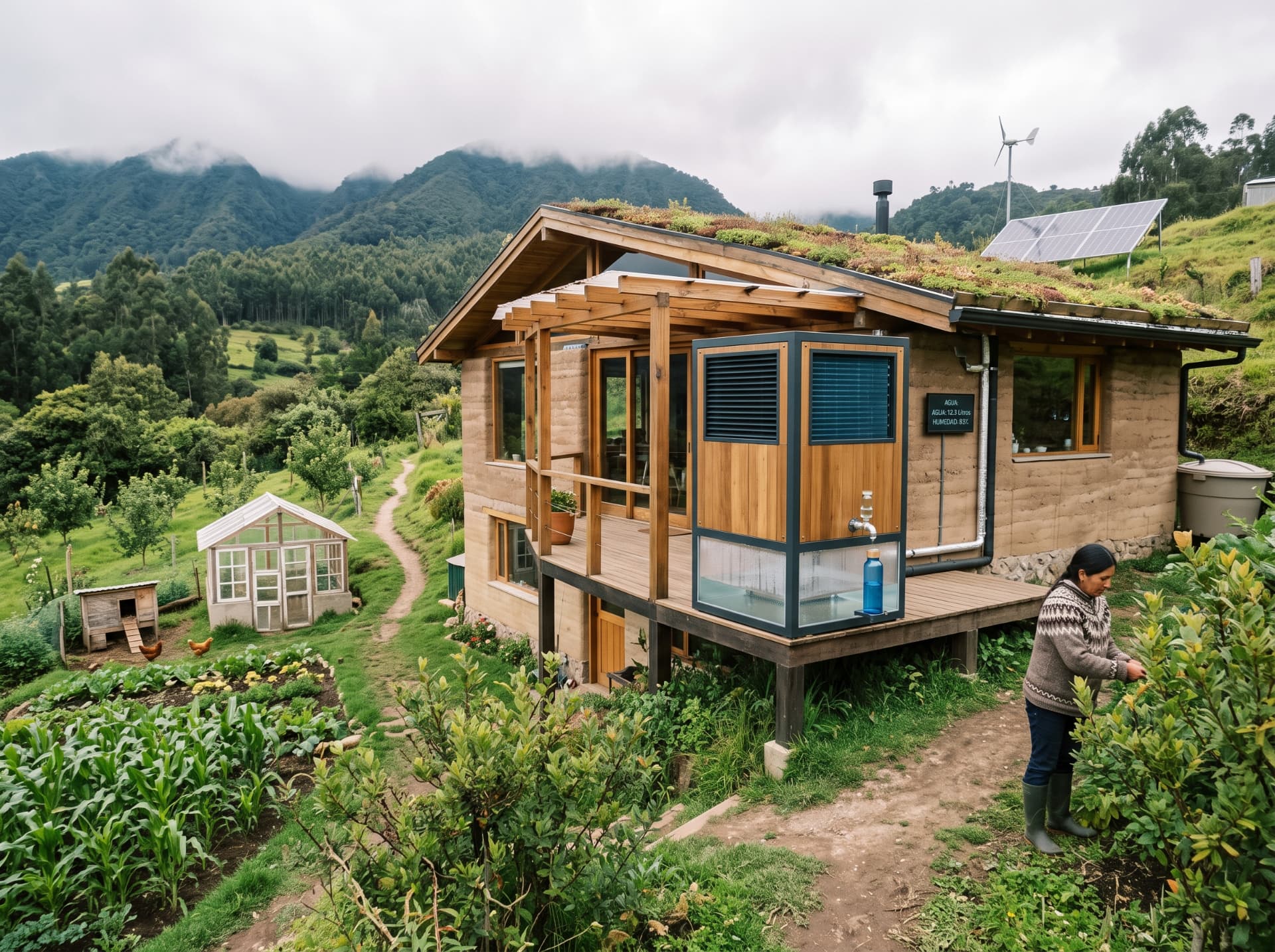 Vivienda rural sostenible con paneles solares, aerogenerador y captación de agua