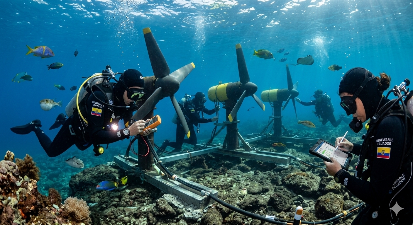 Buzos instalando turbinas mareomotrices subacuáticas en un arrecife marino