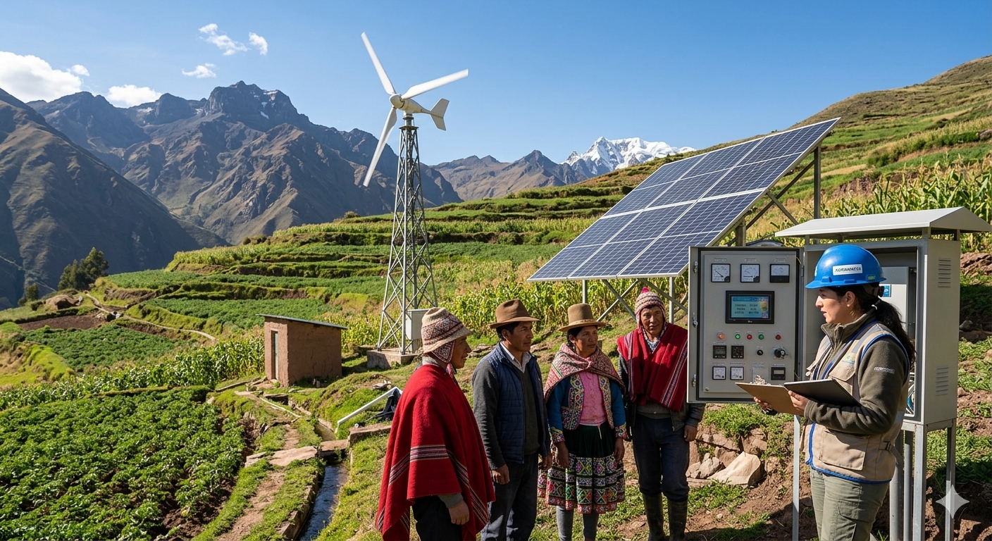 Técnica explicando el funcionamiento de un sistema solar y eólico a la comunidad en la sierra ecuatoriana